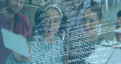Code overlay appearing on glass board inspiring software team placing sticky Stock Footage 312347068