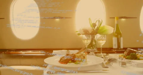Code overlay appearing on jet window drifting over lamb plate then fading Stock Footage 315716017