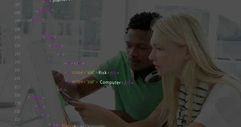 Code overlay appearing, man pointing and woman tapping touchscreen at desk, Stock Footage 331227439