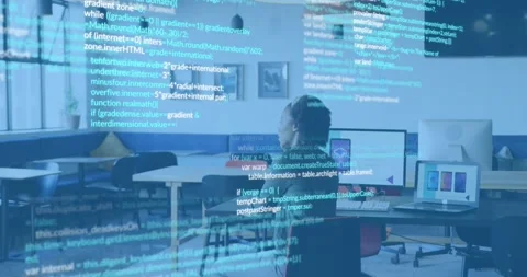 Code overlay appearing on monitors initiating developer turning toward laptop Stock Footage 318063399