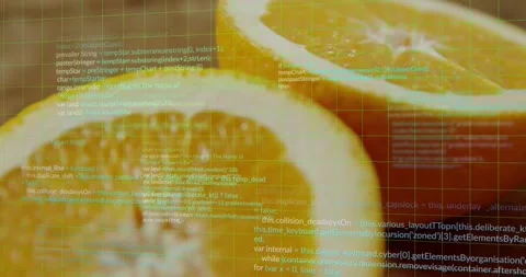 Code overlay appearing, orange half shifting centerward while camera tightening Stock Footage 321390081