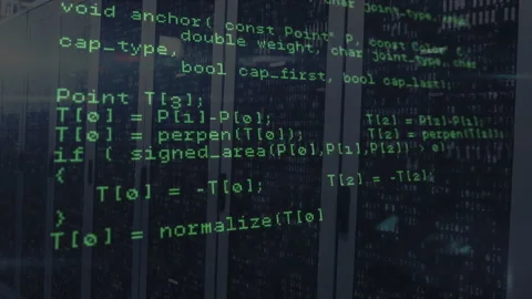 Code overlay appearing over server racks animating networking flags computing Stock Footage 313493065