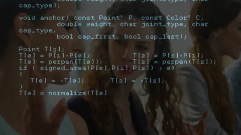 Code overlay appearing over table initiating colleagues gesturing and discussing Stock Footage 311085190