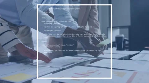 Code overlay appearing, scrolling then fading, revealing hands, team reviewing Stock Footage 335211854