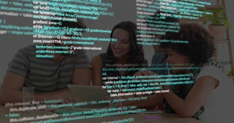 Code overlay appearing, team leaning into laptop, pointing, typing, and Stock Footage 330426625