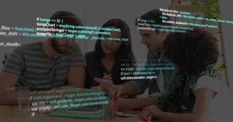 Code overlay appearing, team leaning into laptop, pointing, typing, and Foto stock