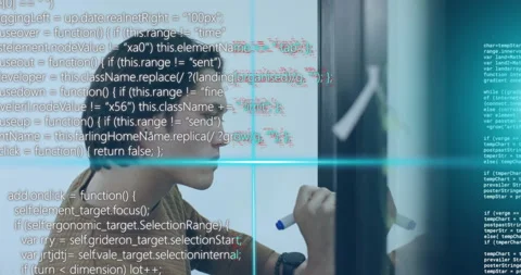 Code overlay appearing triggers developer writing algorithm on transparent glass Stock Footage 315529032