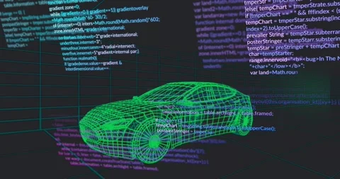 Code overlay appearing triggers scrolling panels updating around wireframe car Stock Footage 317275323