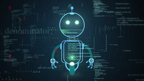 On code overlay arriving, neon robot avatar pulsing eyes, filling mouth bar, Stock-Footage 334337952