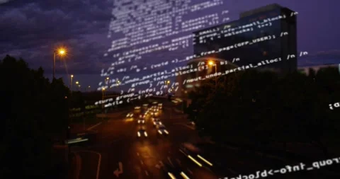 Code overlay drifting on data pulse, cars streaking along road, visualizing Stock Footage 329533669