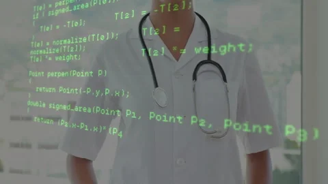 Code overlay fading and revealing doctor smiling in clinic window, inspiring Stock Footage 312407500