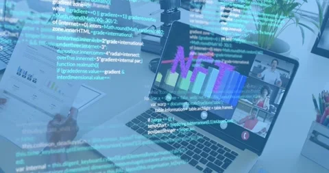 With code overlay fading in, developer typing on laptop while team discussing Stock Footage 318047208