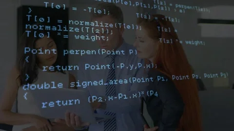 Code overlay fading over three colleagues examining tablet and analyzing API Stock Footage 317154919