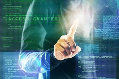 Code overlay, hacker and fingerprint of person for programming, coding and Stock Photos