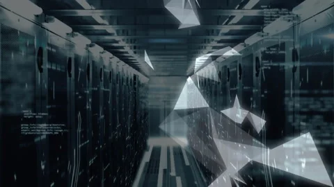 Code overlay initiating glowing node shattering into polygons sweeping aisle Stock Footage 311140802