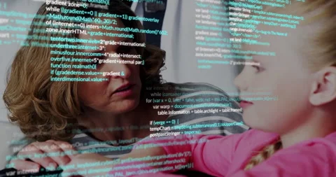As code overlay intensifying, mother holding girl's arms and guiding posture for Stock Footage 313553323