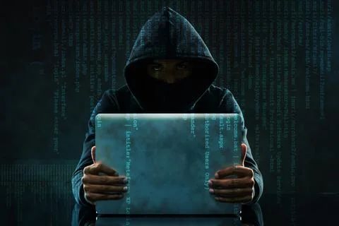Code overlay, laptop and portrait of hacker for programming, coding and Stockfoto's