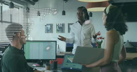 Code overlay pulsing, sparking tech discussion while presenter explaining data Stock Footage 317800079