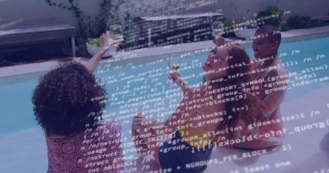 Code overlay scrolling sparking blue pool reveal with three friends toasting Stock Footage 329167349
