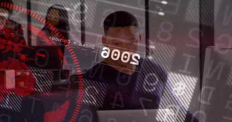 Code overlay shifting opacity revealing office, team typing and analyzing data Stock Footage 313677289