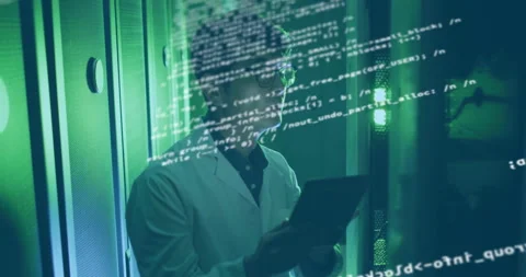 Code overlay shifting, revealing data center engineer tapping tablet and Video stock 311506041