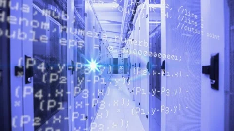 Code overlay starting over server aisle, color ring expanding, star drifting, Video stock 319682675