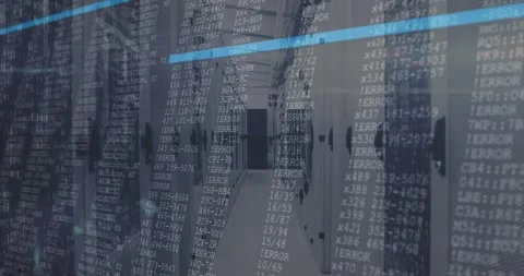 Code overlay starting over server aisle, sweeping blue scanline descending for Stock Footage 320287402