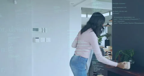 Code overlay starting tech then women entering hall carrying mugs jacket and Stock Footage 320484109