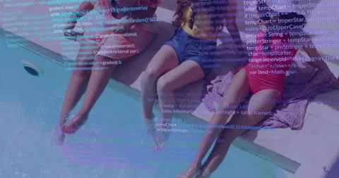 Code overlay streaming by pool driving three women splashing feet in water, Stock Footage 313077318