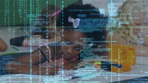 Code overlaying girl writing for education zooming into classmates scribbling Video stock 320067542