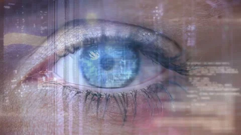Code overlays initiating eyelid lifting, blue eye opening and performing HUD Stock Footage 332591891