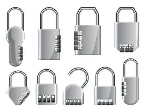 Code padlocks. Locks with combination password code. Different type of safety Illustrazione stock
