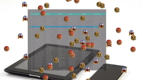 Code panel fading in, tablet and phone sitting while emoji heads falling, Stock Footage 328469598