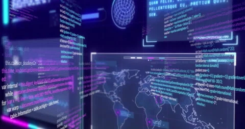 Code panel sliding from left while world map nodes blinking rotating globe Stock Footage 311217081