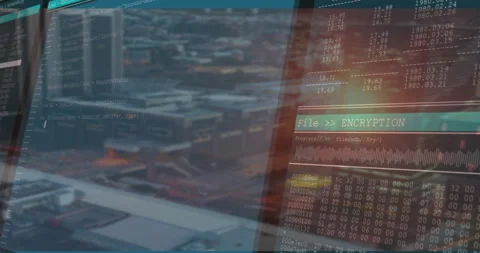Code panel sliding over encryption UI panel, showing progress waveform display Stock Footage 309108479