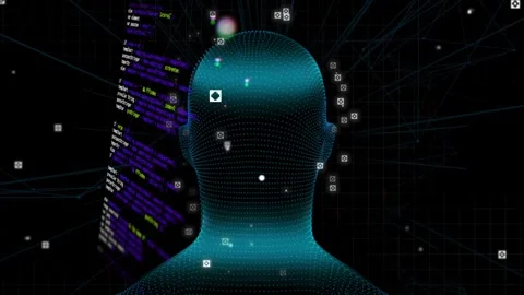 Code panel starting scan, point-cloud head rotating while markers pulsing, Stock Footage 334337639