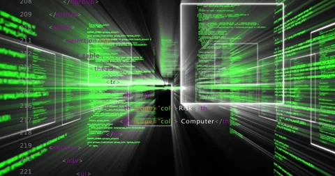 Code panels and green text appearing and zooming toward viewer, illustrating Stock Footage 317185874