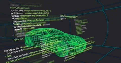Code panels appearing from left, sliding across neon-green wireframe car, Stock Footage 320915970