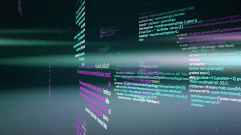 Code panels being visualized in 3D space, teal white magenta text glowing under Stock Footage 309100729