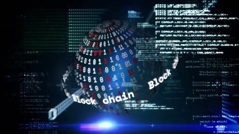 Code panels fading in, 3D binary globe emerging and blockchain ring rotating to Stock Footage 313149590