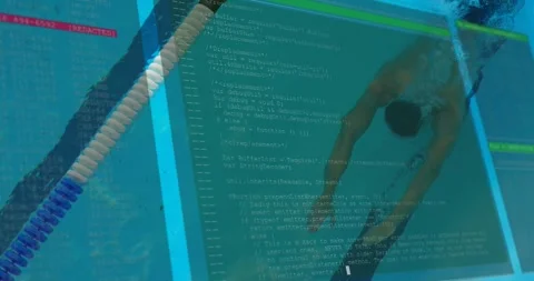 Code panels fading over pool, male swimmer gliding through code overlay Stock Footage 317841748