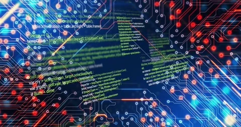 Code panels floating over circuit board pattern, featuring glowing nodes and Stock Footage 328507678