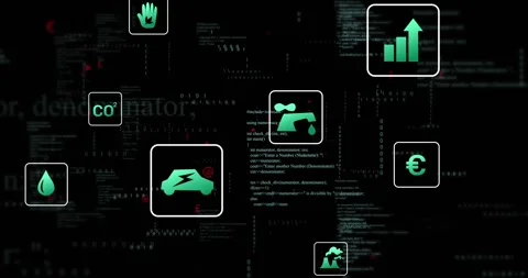 Code panels scrolling, pushing green EV and CO2 icons in rounded frames Stock Footage 329505935