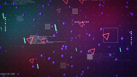 Code panels sharpening, spheres clustering and drifting, red triangles rotating, Stock Footage 334337501
