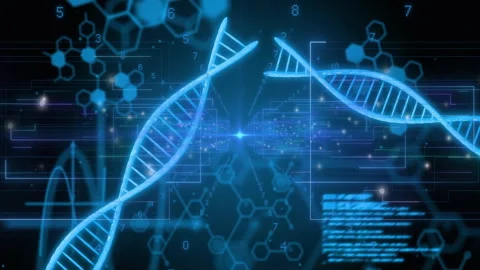 Code panels sliding over DNA helices, rotating, splitting and emitting data to Stock Footage 309894182