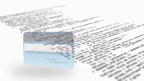 As code panels start drifting, credit card graphic being rotated to reveal chip Stock Footage 327278476
