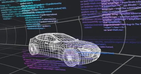 Code panels starting scroll, wireframe sedan staying centered while highlights Stock Footage 329929906