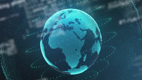 Code particles panning, forming spinning 3D globe circling dots fading 5G label Stock Footage 311698627