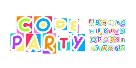 Code Party colorful geometric font alphabet, festive playful coding letters for Stockillustratie