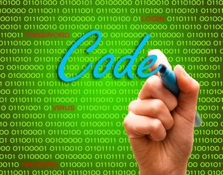 Code password login virus hackers hand binary text Stock Illustration